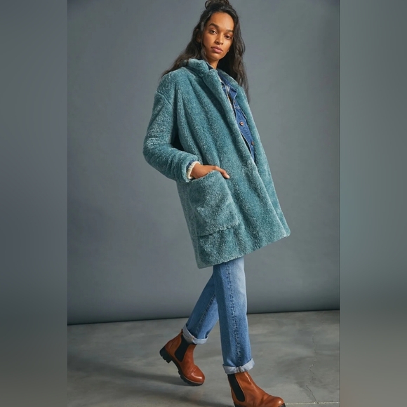NWT Anthropologie Maeve Lisanne Faux Fur Teddy Bear Coat Jacket Fuzzy Blue 1X - Picture 3 of 11